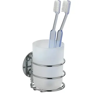 Wenko Zahnputzbecher, Turbo-Loc® Befestigen ohne Bohren, Becher aus satiniertem Kunststoff in Weiß, Chrom-Halterung zur Wandmontage, 7,5 x 10 x 9 cm