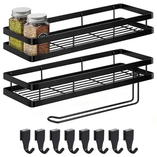 Gewürzregal Wand Ohne Bohren 2er Set mit küchenrollenhalter Hängend Küchenregal Metall Gewürzregal Selbstklebend Küchenregal Organizer mit 8 Haken für Küche Badezimmer Balkon 35 x 12 x 5,7 cm, Schwarz