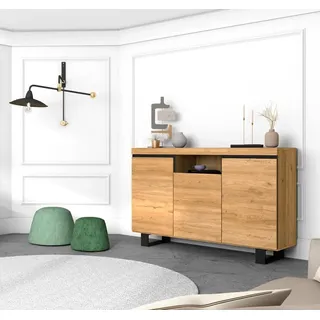 Skraut Home - Anrichte für Wohnzimmer, Esszimmer, Büro, Farbe: Eiche/Schwarz, 3 Türen, 1 Fach, 140 x 40 x 92 cm, Nordic