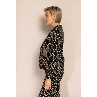 Kurzblazer ZHRILL "BETSY", Damen, Gr. M, schwarz beige gemustert, Web, Obermaterial: 72% Polyester, 26% Viskose, 2% Elasthan, bedruckt, tailliert taillenlang, Rundhals, Blazer Kurzblazer, grafisches Allover-Muster, tailliert