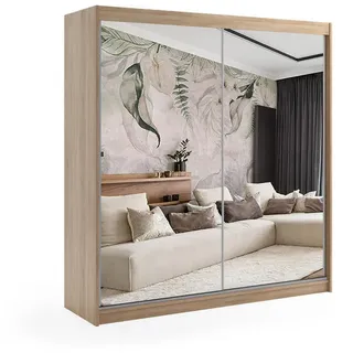 altdecor Kleiderschrank mit Spiegel-Schiebetüren und Aluminium-Leisten, LED-Beleuchtung - Debi - 180 cm Sonoma - 180x216x61 cm , Schlafzimmer, Kleiderschränke