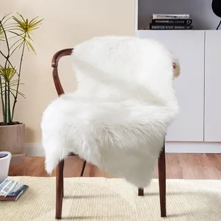 JXLOULAN Faux Lammfell Schaffell Teppich Weiß 60x90 cm, Weicher Flauschiger Teppich Wohnzimmer Deko, Longhair Fell Lammfellimitat Carpet für Stühle Sofa Schlafzimmer Kinderzimmer