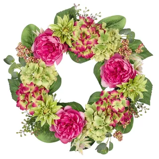 Arborus Kranz Künstlich 50 cm Blumenkranz Künstliche Pfingstrosen Hortensie Kunstblumen Hängend Türkranz Sommer Türdeko Haustür Wand Deko im Wohnzimmer Schlafzimmer Esszimmer Badezimmer Küche Büro