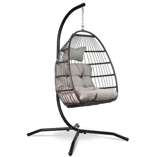 VITA5 Hängesessel mit Gestell - Bequemer Hängekorb Sessel - Rattan Hängesessel Outdoor und Indoor - Boho Egg Schaukel für Terrasse&Leseecke - 150 kg Tragkraft (Grau)