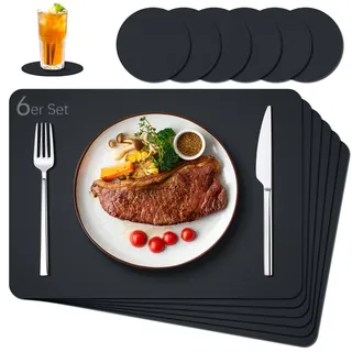 IKWOLETI Tischsets Abwaschbar mit Untersetzer - 6er Set Platzsets Abwaschbar aus Kunstleder - Doppelseitige Platzdeckchen in Lederoptik - Ideal für Küche und Büro Schwarz