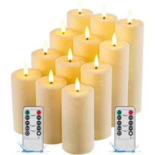 Fanzir LED Outdoor Kerzen mit Fernbedienung, Wasserdichte Batteriekerzen IP55 mit Timer & Flackerndem Warmweiß Licht, Flammenlose Kerzen für Garten, Balkon, Laterne, Hochzeit & Weihnachten 12 Stück
