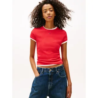 Kurzarmshirt TOMMY JEANS "TJW ESSENTIAL RIB SHORT SLEEVE EXT", Damen, Gr. XXXL(46), rot (rot alert), Single Jersey, Obermaterial: 95% Baumwolle, 5% Elasthan, gestreift, slim fit hüftlang, Rundhals, abgesteppte Kante, Shirts Kurzarmshirt, Baumwollmischung in gerippter Struktur, Slim Fit