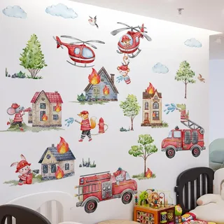 WandSticker4U®- Wandtattoo FEUERWEHR Kinderzimmer XXL (103x98 cm) I Wandsticker Feuerwehr Kinder mit süßen Tieren Wald Brand Fahrzeuge I Wandaufkleber Babyzimmer Kinderzimmer Deko Junge GROß