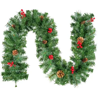 270 cm 9ft Weihnachtsgirlanden mit Schneeflocken Dekoration, 240 Spitzen Kiefer Blatt, 12 Tannenzapfen, 12 Roten Beeren, Künstliche Grün Rattankränze, Weihnachtsdekorationn Hängetreppe Fenster Wand
