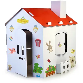 FEBER - Carton House, großes Spielhaus aus Karton für Kinder, zum Bemalen, Ausmalen und Spielen, mit lustigen Aufklebern, Ökohaus, für Jungen und Mädchen ab 3 Jahren, Famosa (FEB06000)