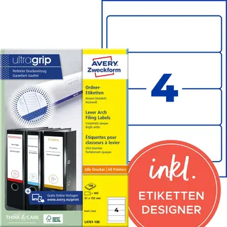 Avery Zweckform Ordneretiketten L4761-100 Weiß 61 x 192 mm 100 Blatt 400 St.