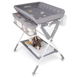 FANTASK Wickeltisch 3 in 1 klappbar höhenverstellbar, mobile Wickelkommode mit Rollen & Mülleimer, Wickelstation mit Aufbewahrungskorb tragbar bis 11 kg, für Babyzimmer & Reisen, Grau
