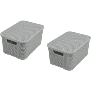 BranQ - Home essential Set of 2 Plastic Rattan Baskets with Lids made of Polypropylene, Light Grey, Size S (7 Litres)
