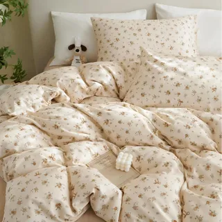 Tospass Baumwolle Bettwäsche Set 135x200cm Beige Khaki Grün Blumen Floral Schleife Mädchen Wendebettwäsche Blumenmuster Kinder Bettbezug mit Reißverschluss und Kissenbezug 80x80cm