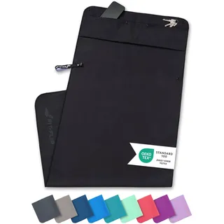 Fit-Flip Fitness Handtuch aus Mikrofaser - mit Magnet und Reißverschluss Tasche - Fitnesshandtuch für Sport und Gym - Kompakt & Schnelltrocknend - Sporthandtuch Fitnessstudio - Schwarz - 130x48cm