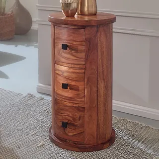 FineBuy Design Sideboard 65 cm Sheesham Massivholz Ø 35 cm Schränkchen mit Schubladen Schmaler Beistellschrank Massiv Mini Kommode Rund - Braun