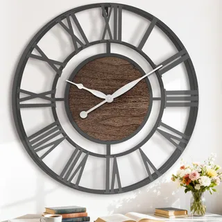 Pytha Sight Wanduhr Groß XXL Wohnzimmer Ohne Tickgeräusche,Große Wanduhr 75cm,Schwarz Vintage Grosse Industrial Walnuss Römische Ziffern Wanduhren für Modern Wohnzimmer,Küche,Büro,Heimdekoration
