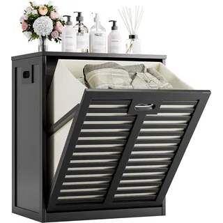 HITNET Badschrank mit Wäschekorb, Waschschrank, Bambus Badezimmerschrank mit Wäschesammler, Herausnehmbare Innentaschen mit Griffen für Waschküche, Badezimmer und Schlafzimmer, Schwarz
