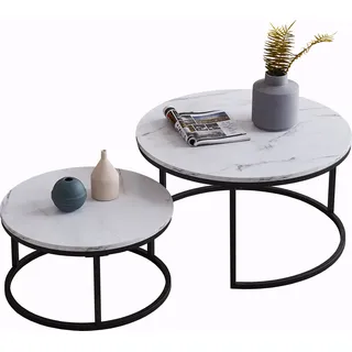 Tiema 2er Set Couchtisch Beistelltisch Rund 80 x 45 cm & 60 x 33 cm Wohnzimmertisch Sofatisch Marmor Muster Holztisch Metallrahme schwarz - Weiß, Schwarz