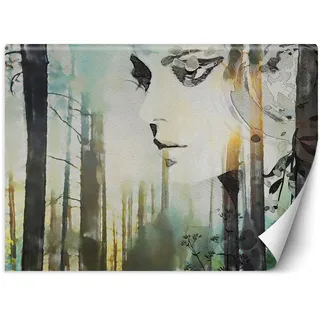 Feeby Fototapete XXL Weibliches Gesicht Wald 254x184 cm Grün Vliestapete Moderne Design Wandtapete Küche Flur Wohnzimmer Büro Badezimmer Kinderzimmer Abstrakt Aquarell