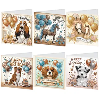 SHEGZHUC 6er Set Diamond Painting Grußkarten Set Hunde Pferde Diamond Painting Karten Geburtstagskarte Dankeskarte Segensgrußkarte Feiertagskarten Stickerei Kreuzstich Diamant Malerei Geschenk