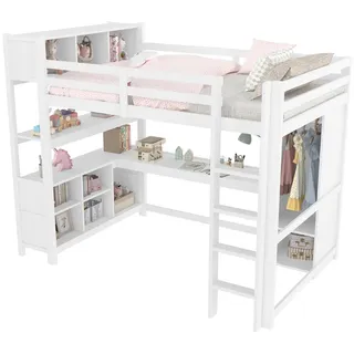 Stilvora Hochbett 140/200 cm in Weiß mit Regal, Schreibtisch und Kleiderschrank aus Kiefernholz , Holz, Holzwerkstoff , 140x200 cm , Babymöbel & Kindermöbel, Kinderzimmer & Jugendzimmer, Kinderbetten, Hochbetten