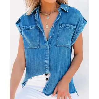 Bluse Damen,Damen-Jeansbluse Sommer-Vintage-Waschung Verblasste Hemden Mit V-Ausschnitt Oberteile Lässige Lockere Ärmellose Blusen Mit Knopfleiste Tunika-Oberteile Distressed-Chambray-Jeans-Wester
