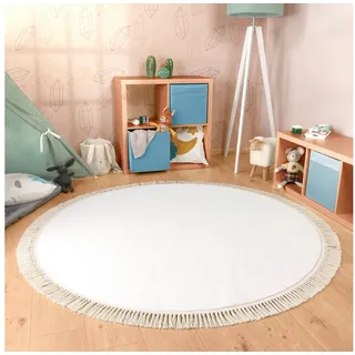 Paco Home Teppich Rund Wohnzimmer Kinderzimmer Hochflor rutschfest Einfarbig Fransen Weich Ø 100 cm Rund, Creme