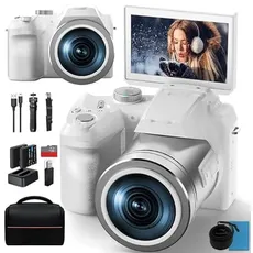 Monitech 64MP Digitalkamera für Fotografie und Video, 4K Vlogging Kamera für YouTube mit 3'' Flip Screen, 16X Digitalzoom, WiFi& Autofokus, Kameragurt&Stativ, 2 Akkus, 32GB TF Karte(S200 White)