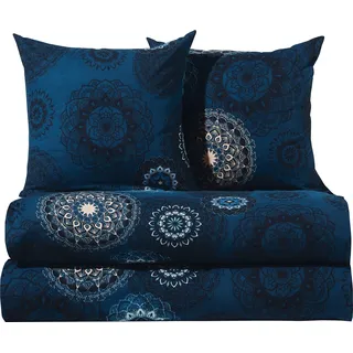 Erwin Müller Bettwäsche, Bettgarnitur Sparpaket 4-TLG. Flanell - Mandala - mollig warm, temperaturregulierend, mit praktischem Reißverschluss - dunkelblau Größe 80x80 cm / 155x220 cm