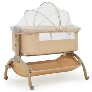 3-in-1 Baby Beistellbett – Höhenverstellbar & Tragbar, Mit Rollen | Abnehmbarem Moskitonetz & Stauraumkorb – Atmungsaktives Reisebett für Neugeborene & Kleinkinder