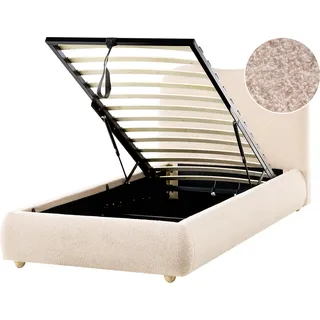 BELIANI Bett mit Bettkasten Hellbeige Bouclé Gepolstert 90 x 200 cm Lattenrost Hochklappbar Hohes Kopfteil Modern Schlicht Schlafzimmer Polsterbett - Beige, Braun