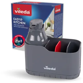 Vileda Spülbecken Organizer mit Spülmittelspender Kunststoff - frei stehender Schwammhalter Küche - Spülorganizer mit Seifenspender für Schwämme & Bürsten - Langlebig & Rostfrei