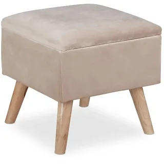 Relaxdays Samthocker mit Stauraum, gepolstert, eckig, mit Holzbeinen, Wohnzimmer Sitzhocker, HBT: 40x40x40 cm, creme