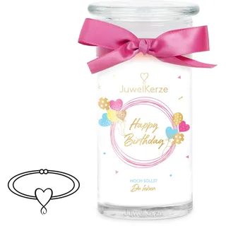 JuwelKerze Happy Birthday Armband Silber - Schmuckkerze 80 Std - große Duftkerze mit Süßem Duft - weiße Kerze mit Schmuck Überraschung - Geschenke für Frauen, Geburtstag