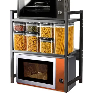 Shally Dogan Platzsparendes Regal für die Mikrowelle aus Stahl, Küchenregal mit Gewürzregal, Regal mit 2 Fächern mit rutschfesten Füßen, modernes Design (Schwarz + Schwarz)