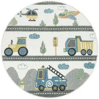 AKCILA Lima Runder Kinderteppich Creme Grau mit Straßen und Autos | Heller Kinderteppich für das Jungenzimmer 140cm, Kleiner Teppich für das Kinderzimmer, Leicht zu saugender Kinderteppich