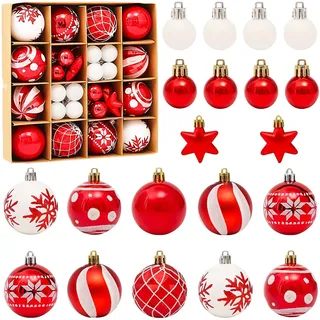 42 Stück Weihnachtskugeln Kunststoff, 3/6CM Weihnachtsdeko Christbaumkugeln Set Weihnachtsbaumschmuck mit Aufhänger Bruchsicher Christmas Bälle Dekorationen für Weihnachts Party (Rot+Weiß)