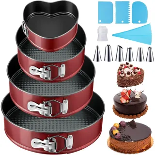 ZPQAODI Springform Kuchenform 12/18/22/26 cm Rund, Kuchenformset rot, Backform mit Antihaftbeschichtung auslaufsichere Kuchenform runde Backform aus Stahl mit Spritztüllen Muffinform Silikon