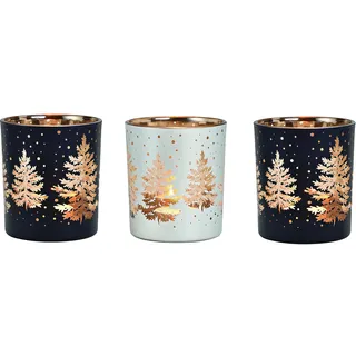 khevga Windlicht Weihnachten Winter aus Glas im Set Schwarz Weiß Gold Silber (Schwarz/Weiss/Gold, 3er Set)
