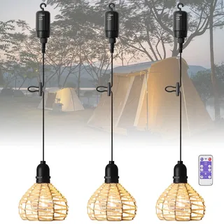 SUCIKORIO 3er Pack Hängelampe Outdoor Akku, Boho Rattan Hängelampe mit Batterie Außen Wasserdicht Hängeleuchte Mit Fernbedienung Dimmbar Pendelleuchte ohne Strom für Zelt, Camping, Garten