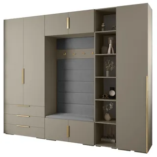 Abiks Möbel Garderoben-Set 236,7/290/47 , Kaschmir, Grau, Goldfarben , Holz , Nachbildung , 13 Fächer , 290x236.7x47 cm , Garderobe, Garderoben-Sets & Garderoben-Serien, Garderoben-Sets