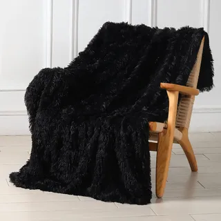 Tuddrom Extraweiche Kunstfell-Decke, Doppelbett-Größe, 203,2 x 228,6 cm, einfarbig, wendbar, flauschig, gemütlich, Langhaardecke, Plüsch-Fleece, Mikrofaser, Felldecke für Sofa, Bett, Schwarz