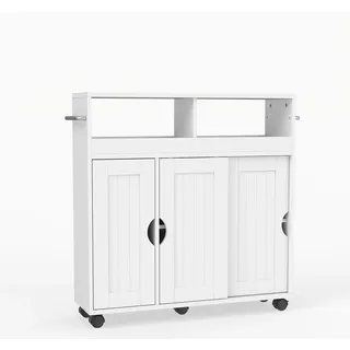 COSTWAY Nischenschrank mit Rollen, Badezimmerschrank schmal mit Regal & Handtuchhalter & Schiebetüren, Badrollwagen, Nischenwagen, 75 x 20 x 72 cm - Weiß