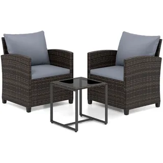FANTASK Rattan Gartenmöbel 3er Set, Balkonmöbel inkl. 2 Rattanstühle & Gartentisch aus PE-Rattan, Gartenlounge Set mit abnehmbaren Kissen, Outdoor Sitzgruppe für Garten Pool (Braun-Grau)