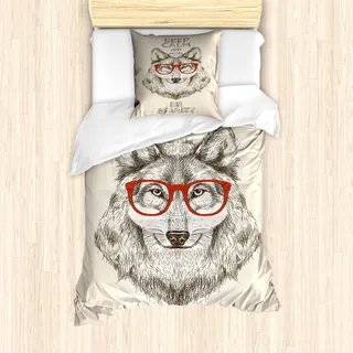 ABAKUHAUS Ruhe bewahren, ruhig bleiben Bettbezug Set für Einzelbetten, Hipster Wolf Be Smart, Milbensicher Allergiker geeignet mit Kissenbezug, 135 cm x 200 cm - 80 x 80 cm, Pale Senf Taupe - Taupe