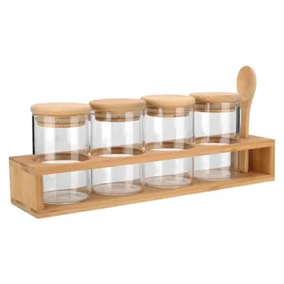 ESTIA | Gewürzbehälter 4er Set - 27 x 6,5 x 12,5 cm - Glasbehältern - Bambus - Transparent, Braun