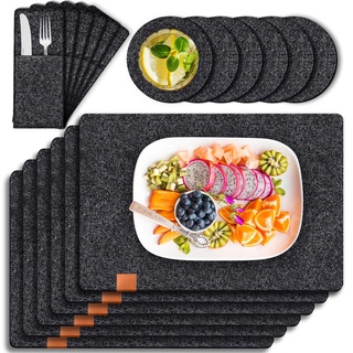 Tendak Platzset Tischset, 18er Set Premium Tischsets Abwaschbar Platzsets aus Filz, Platzdeckchen mit Untersetzer, BestecksäCken, Tischset Filz für Küche, Speisetisch, 44x32cm - Anthrazit