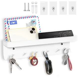 Echehi Leichte Schlüsselhalter mit 6 Haken, Einfach zu Installierende Schlüsselbrett Ohne Bohren, Metall Schlüsselablage, Briefständer, Geeignet für Eingangsbereiche und Hinter Türen. Weiß