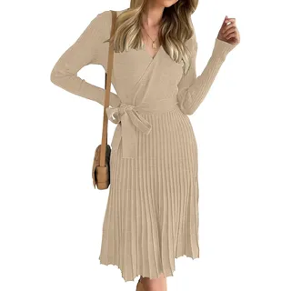 ZESICA Damenkleid, Langarm, Wickelkleid, V-Ausschnitt, Rippstrick, Plissee, A-Linie, Pulloverkleid mit Gürtel, für den Herbst